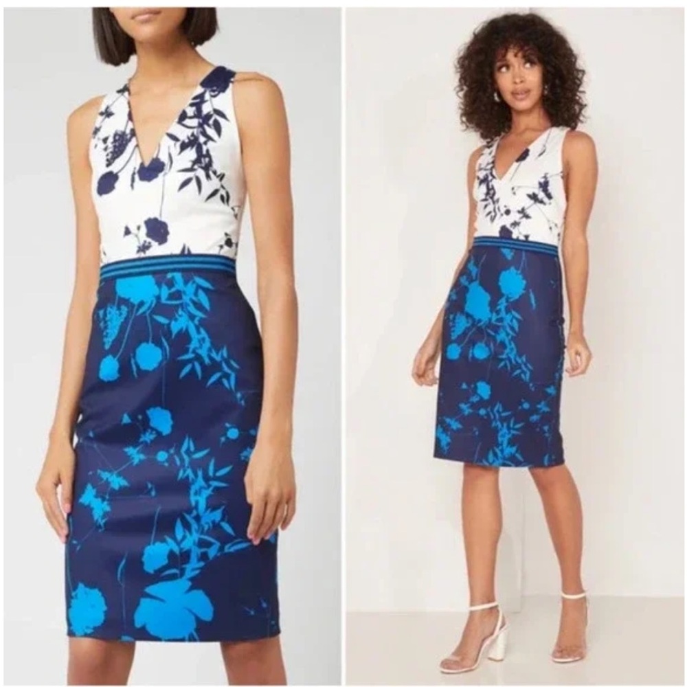 Ted Baker Tilliai Bodycon Blue White Colorblock Floral Crossback Midi Dress